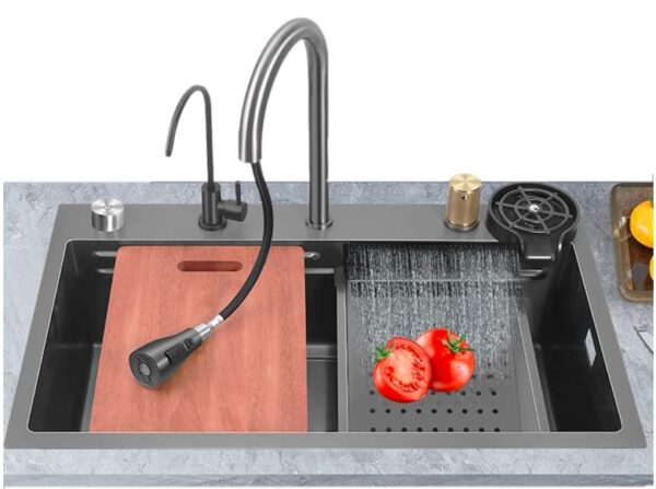 Ammu's Multifunction Kitchen Sink with Anti-Scratch Honeycomb Design, Integrated Waterfall and Pull-down Faucet, 304 Polished Stainless Steel, All In One Sink For Kitchen (Black) - Image 2