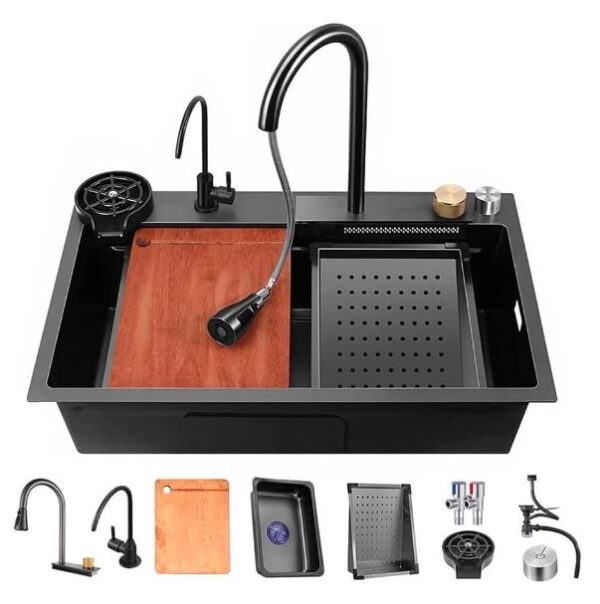 Ammu's Multifunction Kitchen Sink with Anti-Scratch Honeycomb Design, Integrated Waterfall and Pull-down Faucet, 304 Polished Stainless Steel, All In One Sink For Kitchen (Black) - Image 6