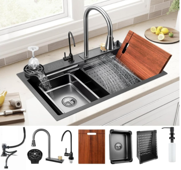 Ammu's Multifunction Kitchen Sink with Anti-Scratch Honeycomb Design, Integrated Waterfall and Pull-down Faucet, 304 Polished Stainless Steel, All In One Sink For Kitchen (Black)