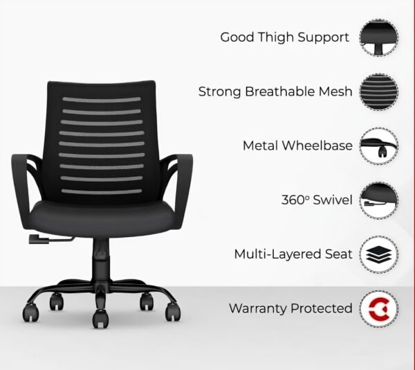 Ammu's Desire C104 Mesh Mid Back Chair | Ergonomic Office, Study, Revolving, Computer Chair for Work from Home Heavy Duty Metal Base, Seat Height Adjustable (Black) - Image 4
