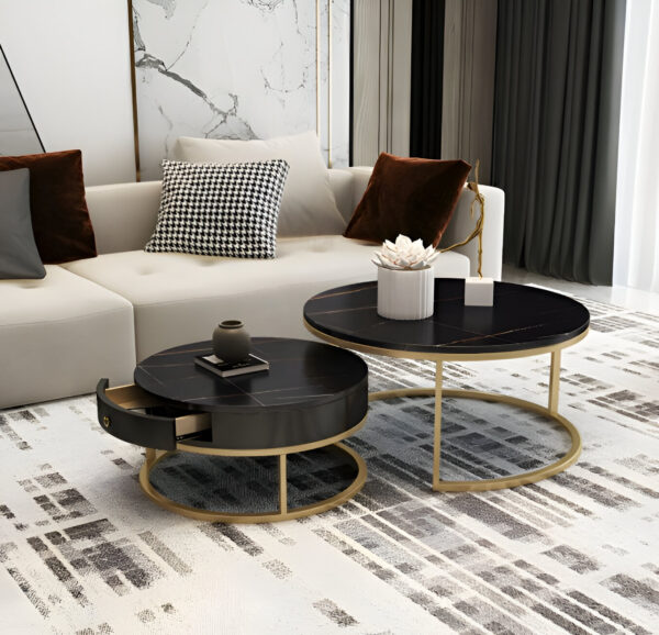 Ammu's Modern Round Coffee Tables Marbled Laminated Stackable Center Table with 1 Drawer Storage for Living Room Bedroom (Black Gold)