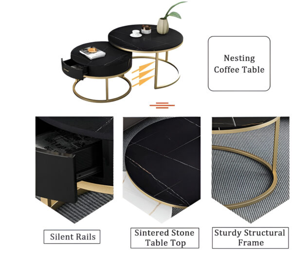 Ammu's Modern Round Coffee Tables Marbled Laminated Stackable Center Table with 1 Drawer Storage for Living Room Bedroom (Black Gold) - Image 2